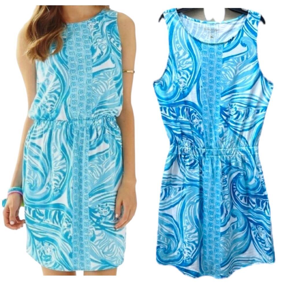 Lilly Pulitzer Windward White Sea Ruffle Blue Resort Sleeveless Dress Sz Medium